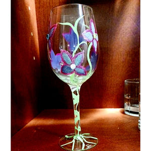 2 Saints HAND PAINTED 9" WINE GLASS Sparkle Violets Flowers w Bling Diamonds
